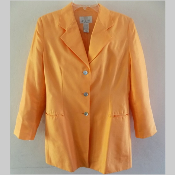 VTG Long silk jacket S Orange Marigold Shell buttons Pockets Lined Blazer Coat - Picture 1 of 4